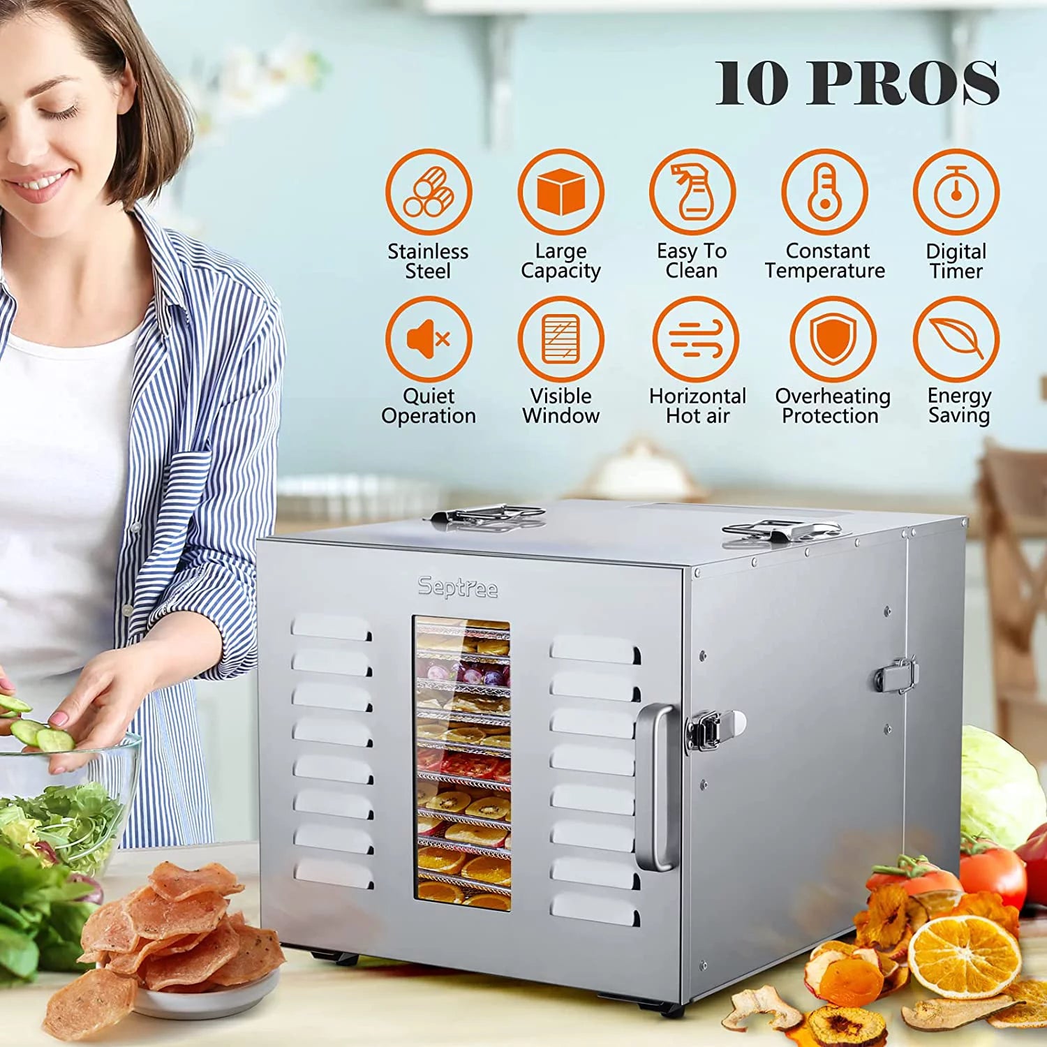 Septree Food Dehydrator 10 Trays Stainless Steel 1000W Z935820
