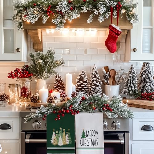 Merry Christmas Kitchen Towels Set of 2, Red Xmas Tree Design C1385