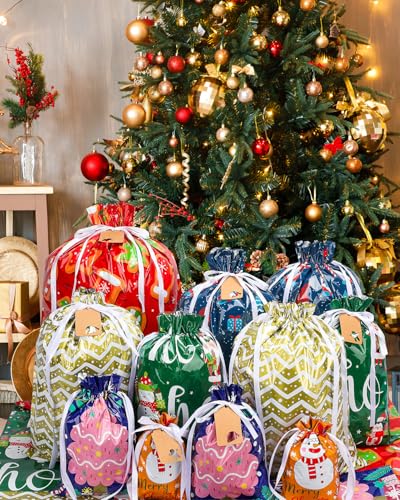 Christmas Gift Bags Assorted Sizes, 22pcs Drawstring Reusable Plastic D786