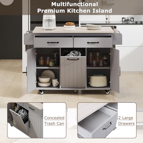 53.5" Farmhouse Kitchen Island with Power Outlet and Drop Leaf K1759