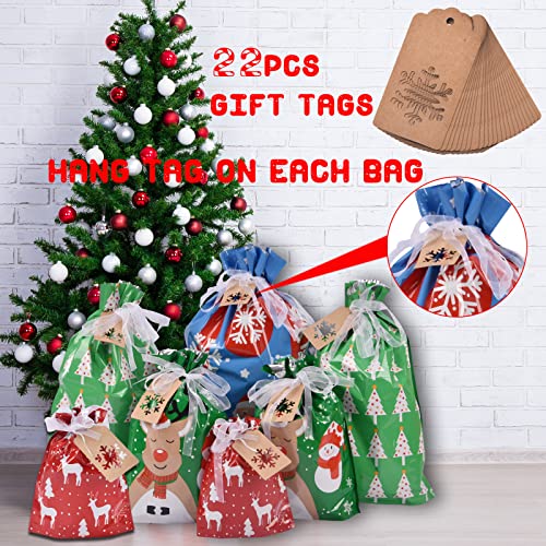 Christmas Gift Bags Assorted Sizes, 22pcs Drawstring Reusable Plastic D786