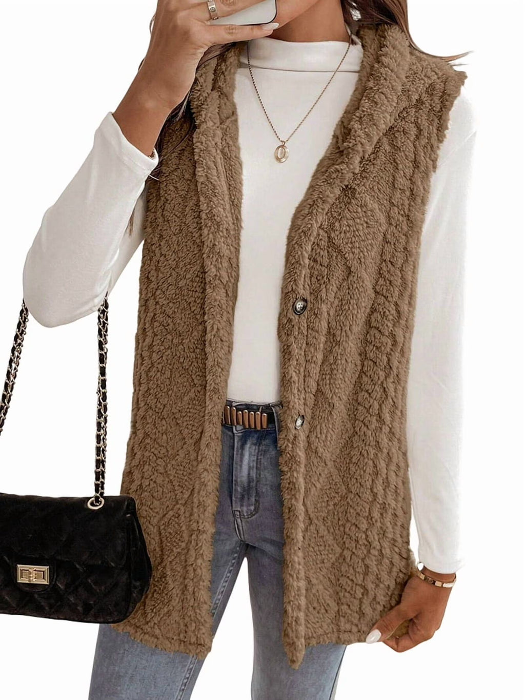 Women's Oversized Fleece Vest Hooded Cardigan, Double Sided Wear, Thick Warm Button Front Jacket for Fall Winter Brown XL