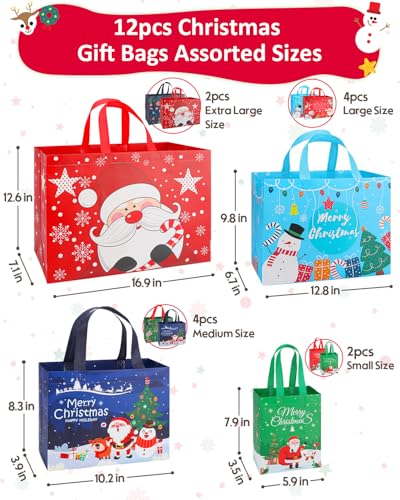 Christmas Gift Bags Assorted Sizes 12PC with Handles, Heavy Duty Non-Woven T61434