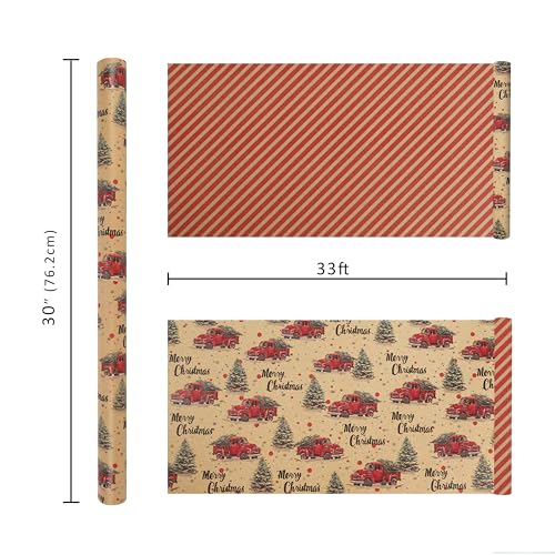 BIOBROWN Reversible Kraft Christmas Wrapping Paper Jumbo Roll 30 Inch x 33 Feet Vintage Trucks Design E340325