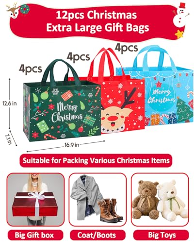 Christmas Gift Bags Assorted Sizes 12PC with Handles, Heavy Duty Non-Woven T61434