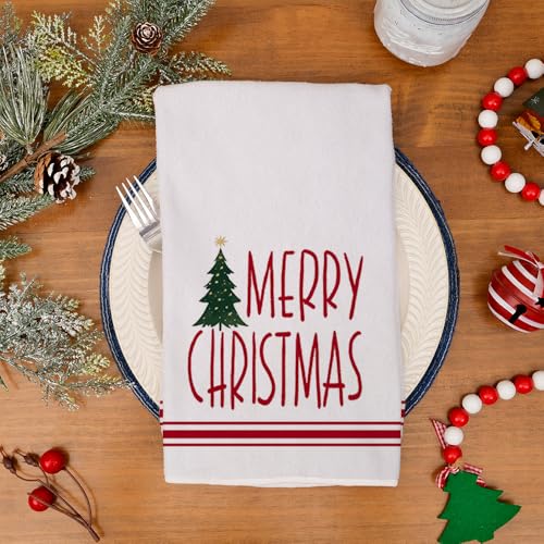 Merry Christmas Kitchen Towels Set of 2, Red Xmas Tree Design C1385