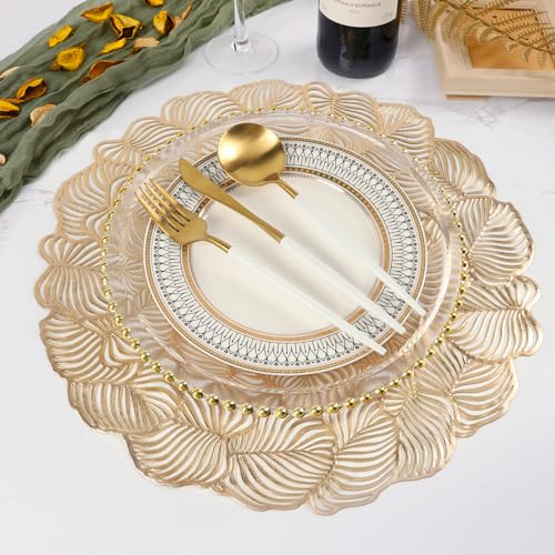 Gold Metallic Vinyl Flower Placemats Set of 6 for Dining Table I961330