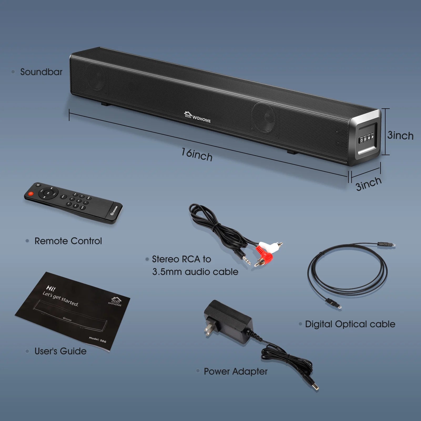 Wohome S66 16-Inch 50W Soundbar for TV with Bluetooth and Subwoofer Y4085