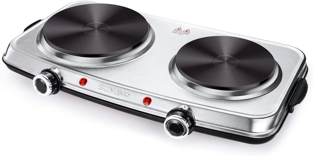 Hot Plates for Cooking, 1800W Electric Double Burner with Handles, 6 Power Levels Stainless Steel Hot Plate for Kitchen Camping RV Cast Iron