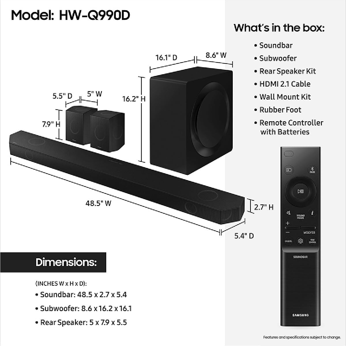 SAMSUNG Q990D 11.1.4ch Soundbar with Wireless Dolby Atmos, Rear Speaker Included J9245