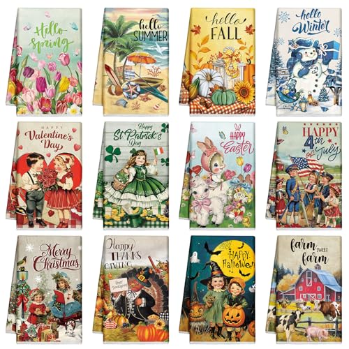 12 Pcs Seasonal Kitchen Towels Set Gnome Style Bright Color K6356