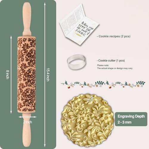 Floral Vine Embossed Wooden Rolling Pin for Baking M158973