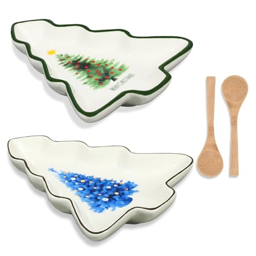 2 Pcs Ceramic Christmas Serving Platters with Wooden Spoon F941