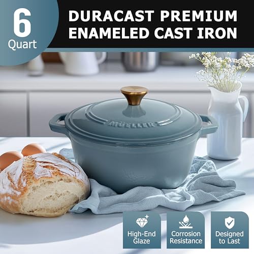 Mueller 6qt Enameled Cast Iron Dutch Oven with Lid, Oven-Safe to 500°F, White N219