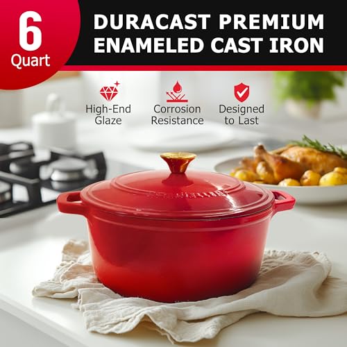 Mueller 6qt Enameled Cast Iron Dutch Oven with Lid, Oven-Safe to 500°F, White N219