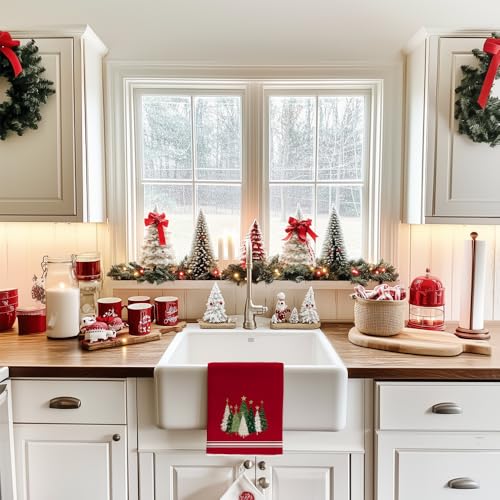 Merry Christmas Kitchen Towels Set of 2, Red Xmas Tree Design C1385