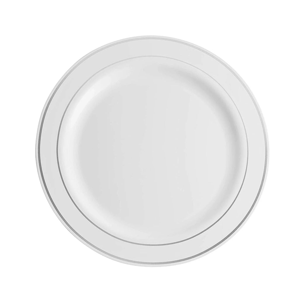 100 Piece Plastic Party Plates White Silver Rim Dinner & Dessert X993