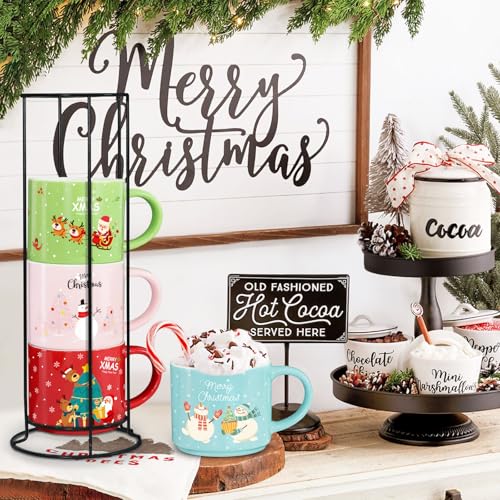 Set of 4 Stackable Christmas Mugs with Stand, 15.8 Oz Holiday Cocoa Mug L13200