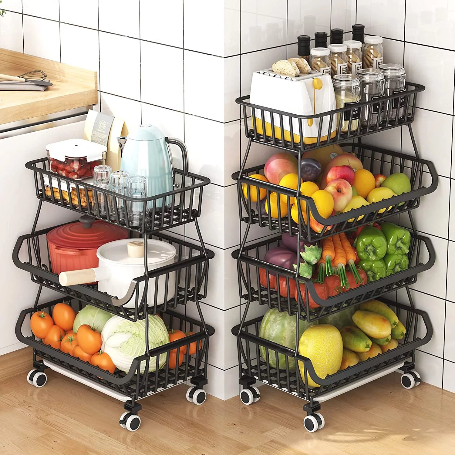 Luosen 4 Tier Stackable Metal Wire Fruit Vegetable Storage Trolley with Wheels, Black W286822