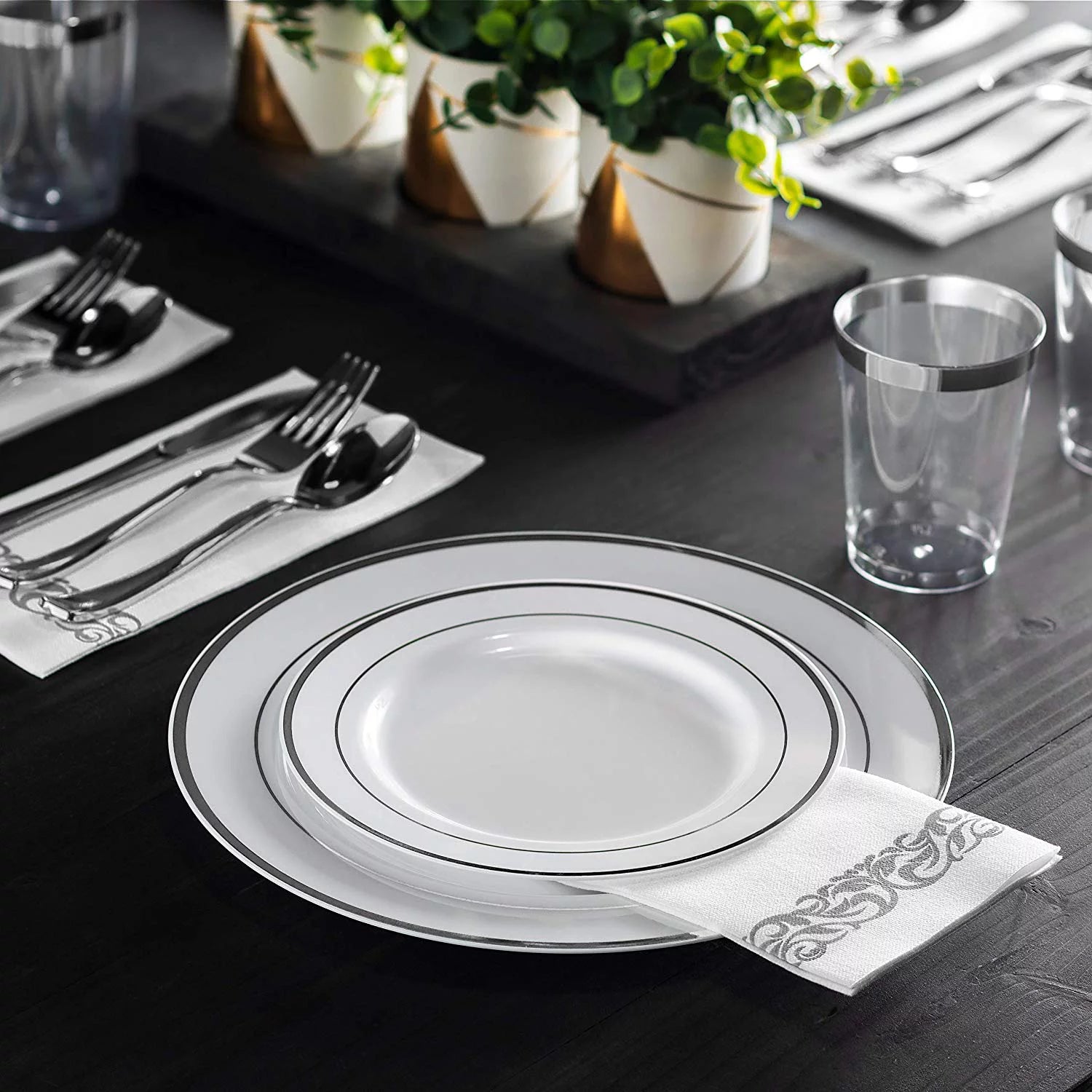 100 Piece Plastic Party Plates White Silver Rim Dinner & Dessert X993