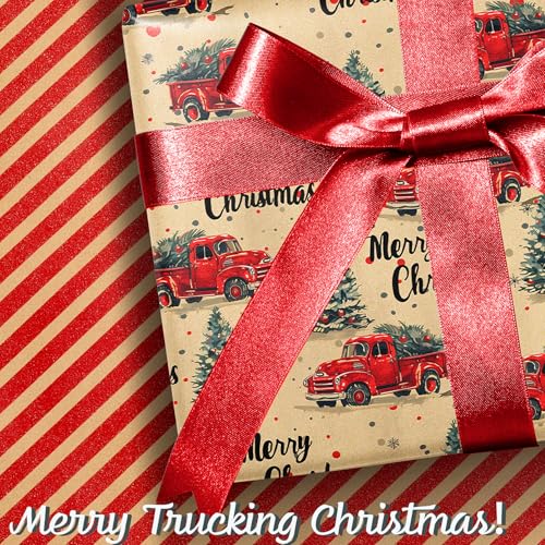 BIOBROWN Reversible Kraft Christmas Wrapping Paper Jumbo Roll 30 Inch x 33 Feet Vintage Trucks Design E340325