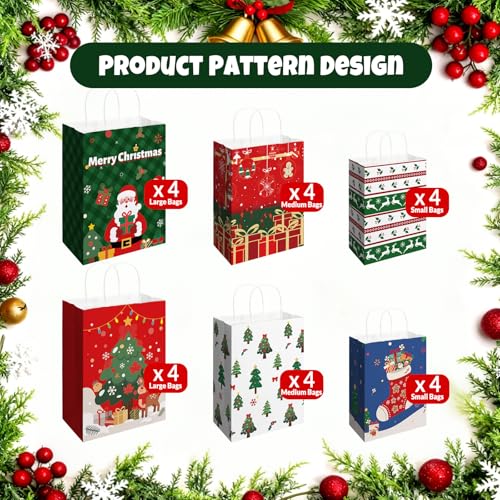 SUNEE Christmas Gift Bags with Tissue Paper, 24pcs Assorted Sizes with Handles V580