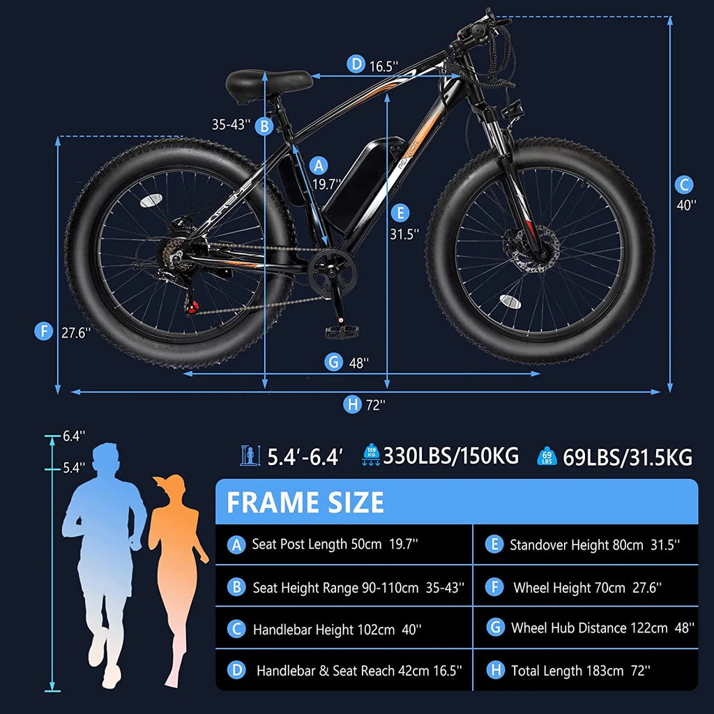 PEXMOR Electric Bike for Adult 500W 26" Fat Tire Mountain EBike 48V 13AH Removable Battery W14589