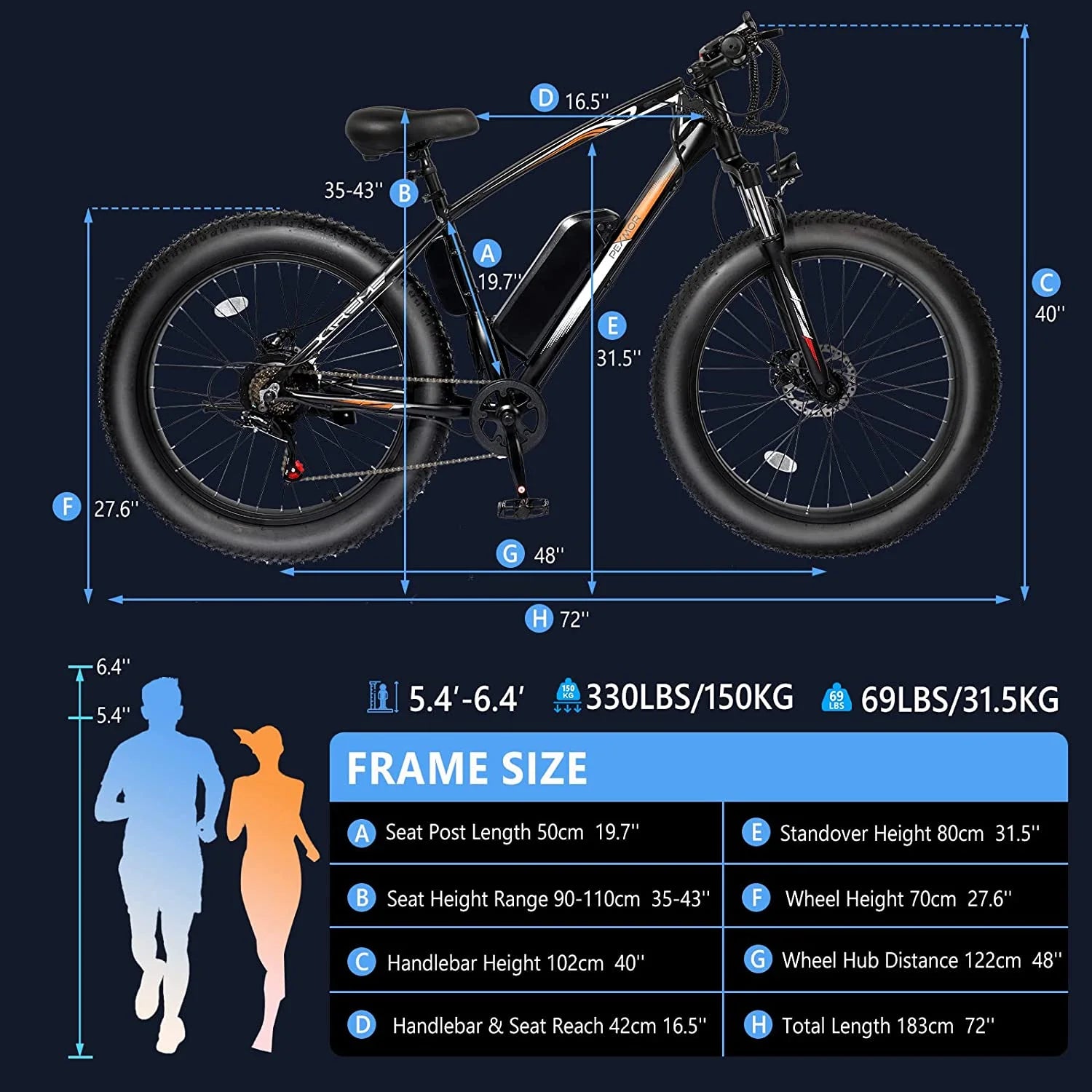 PEXMOR Electric Bike for Adult 500W 26" Fat Tire Mountain EBike 48V 13AH Removable Battery W14589
