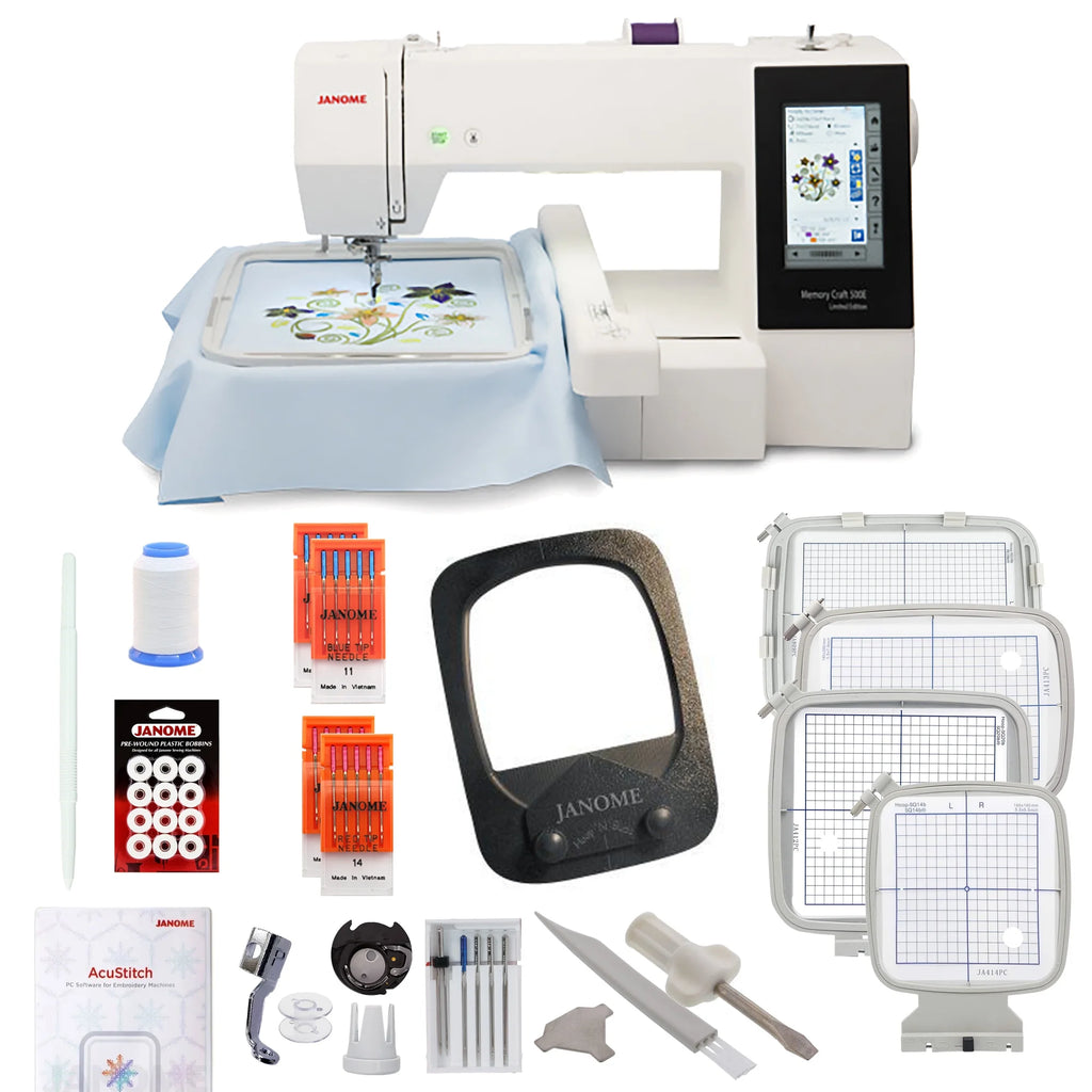 Janome Memory Craft 500E Limited Edition Computerized Embroidery Machine with Hat Hoop Bundle