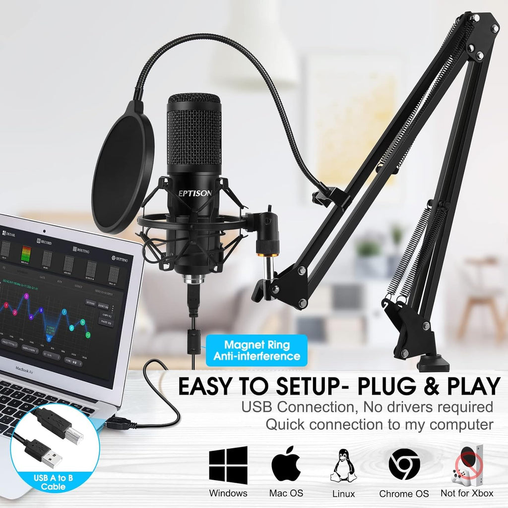 EPTISON USB Microphone Kit with Boom Arm, Podcast Condenser Mic, 2 Pack T30778