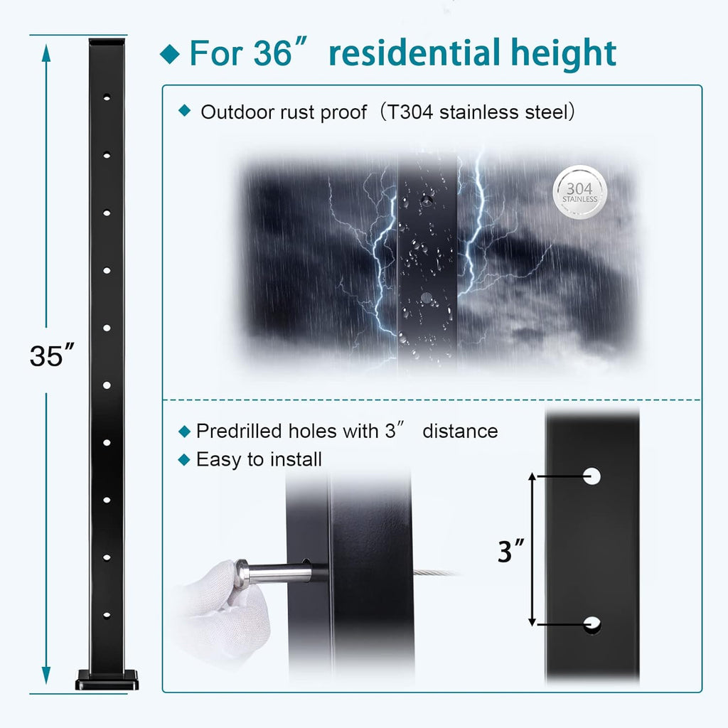 Muzata 4Pack Cable Railing Post Level-drilled Flat Top 36'' Black Stainless Steel X415012