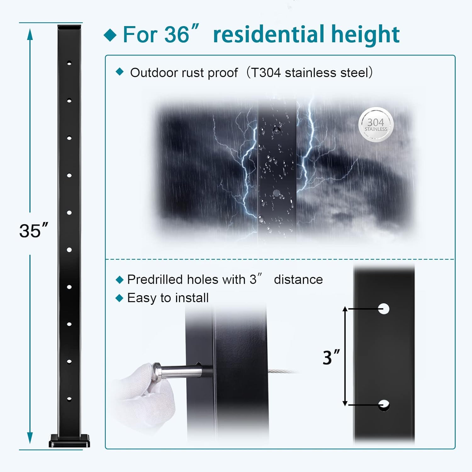Muzata 4Pack Cable Railing Post Level-drilled Flat Top 36'' Black Stainless Steel X415012