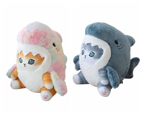 8'' Cute Shark Cat Plush Toy Fried Shrimp Cat Stuffed Animal Plushies Doll,Soft Stuffed Shark Kitten Pillow Christmas Birthday Gifts for Kids Boys Girls (Grey Blue+Dazzling Gold)