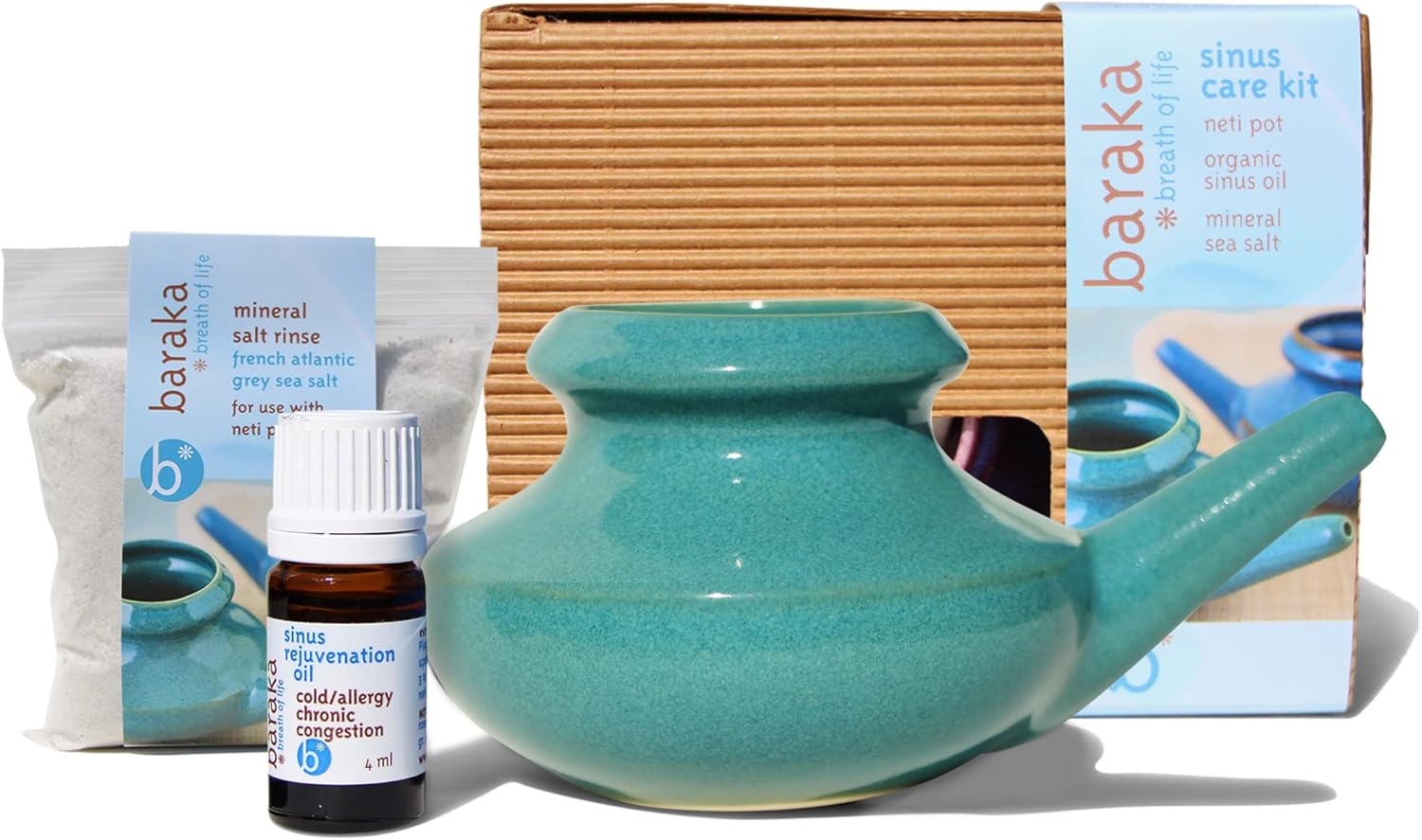 Baraka Complete Sinus Care Tool Kit - Neti Pot, Essential Oil, Mineral Salt Rinse A808
