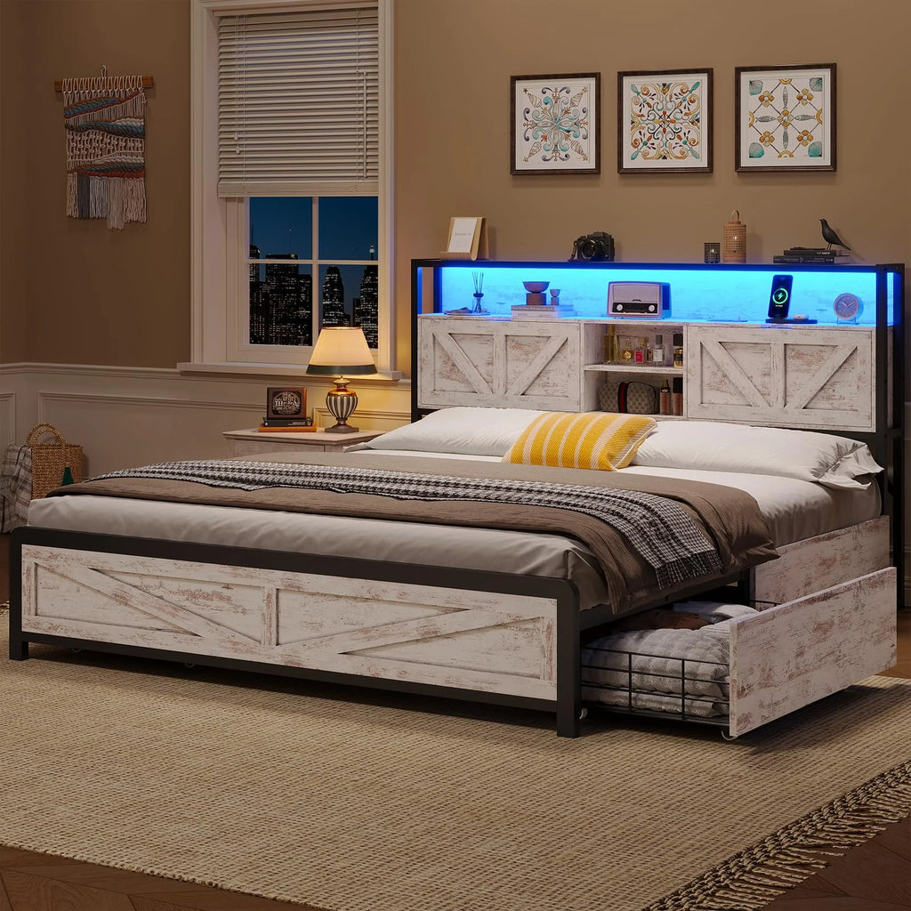 Farmhouse Full Size Bed Frame with Storage Headboard & 4 Drawers, USB Charging, Washed Oak Grey O67263