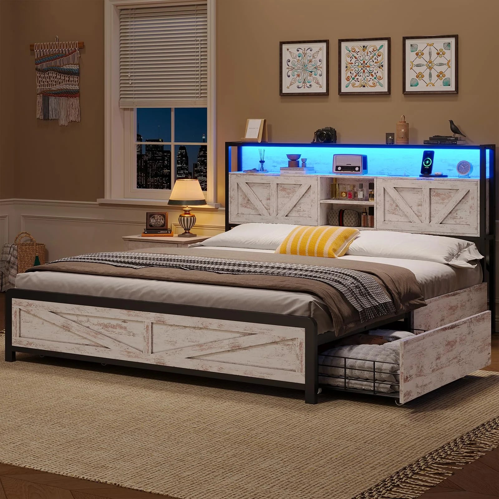 Farmhouse Full Size Bed Frame with Storage Headboard & 4 Drawers, USB Charging, Washed Oak Grey O67263