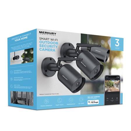 Merkury Innovations Smart Outdoor Camera, 1080p, Weather Resistant, Night Vision with Voice Control (3 Pack) Wi Fi, Black