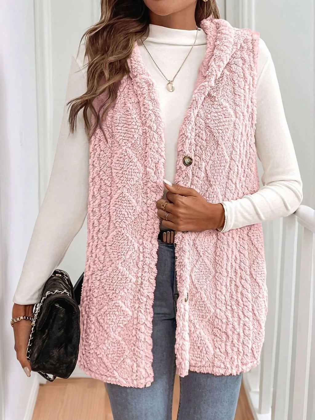 Women's Oversized Fleece Hooded Cardigan, Double Sided Wear, Pink M D664