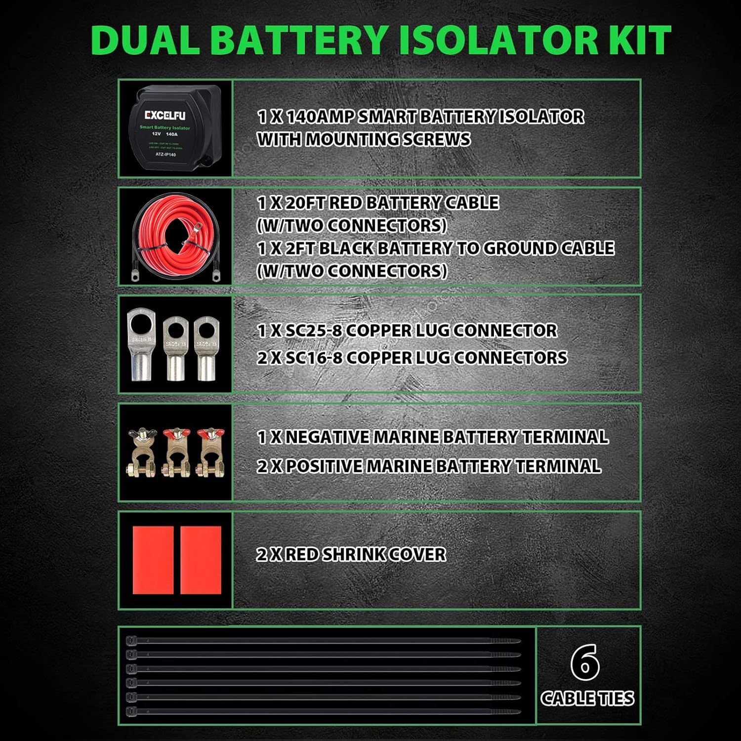 EXCELFU Dual Battery Isolator Kit 12V 140 Amp for UTV, Marine, Truck, RV C34523