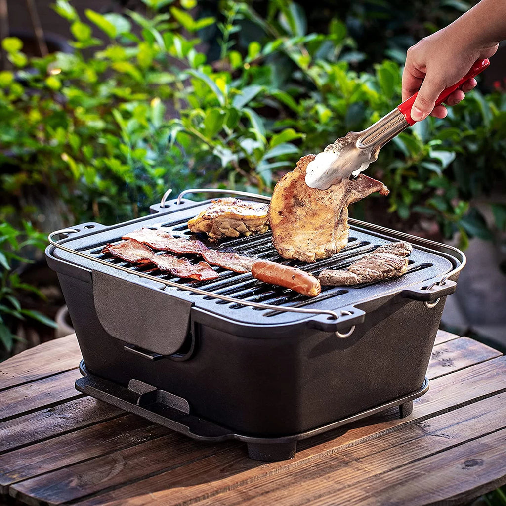 Bruntmor Pre-Seasoned Portable Cast Iron Charcoal Rectangle BBQ Grill N22991