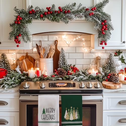 Merry Christmas Kitchen Towels Set of 2, Red Xmas Tree Design C1385