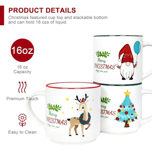 QIKSION Christmas Coffee Mugs Set of 6, 14oz Ceramic C635