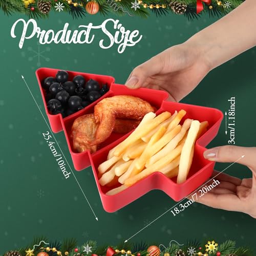 Christmas Tree Serving Tray Platter, Red and Green Plastic, 3 Grids with Bag and Ribbon D132830