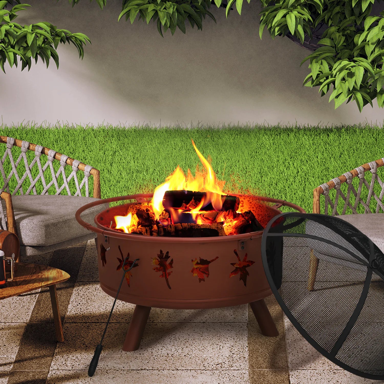 Magshion 32" Round Outdoor Fire Pit Wood Burning Table Top Fire Bowl with Log Grate, Poker & Spark Screen U2381
