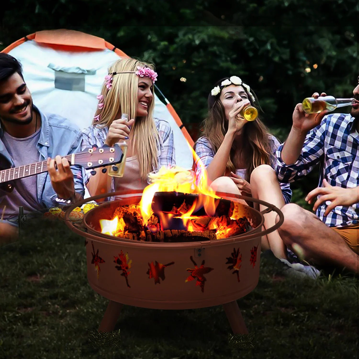 Magshion 32" Round Outdoor Fire Pit Wood Burning Table Top Fire Bowl with Log Grate, Poker & Spark Screen U2381