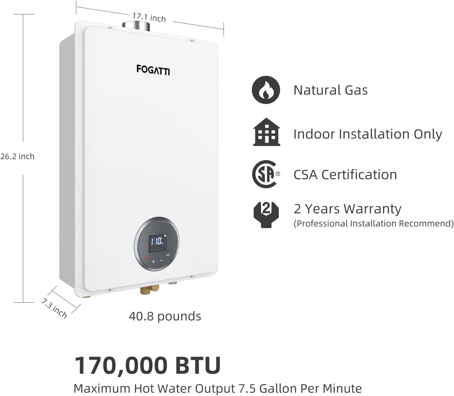 FOGATTI 7.5 GPM Natural Gas Tankless Water Heater for Indoor Shower G40893