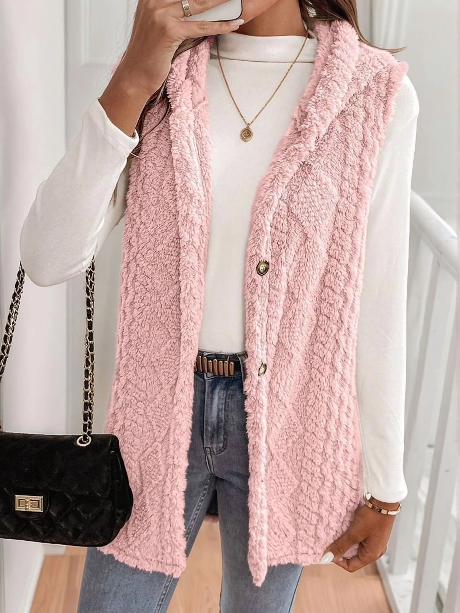 Women's Oversized Fleece Hooded Cardigan, Double Sided Wear, Pink M D664