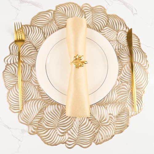 Gold Metallic Vinyl Flower Placemats Set of 6 for Dining Table I961330