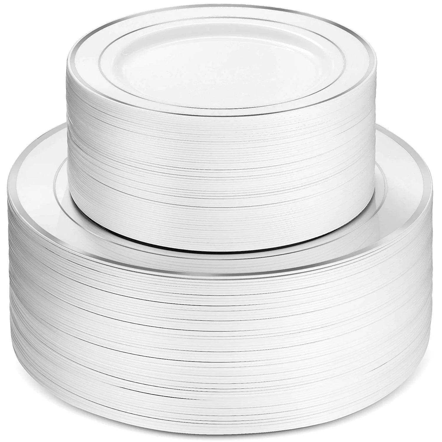 100 Piece Plastic Party Plates White Silver Rim. 50 Premium Heavy Duty 10.25 Inch Dinner Plates and 50 Disposable 7.5 Inch Dessert Appetizer Elegant Fancy Heavy Duty Wedding Plates