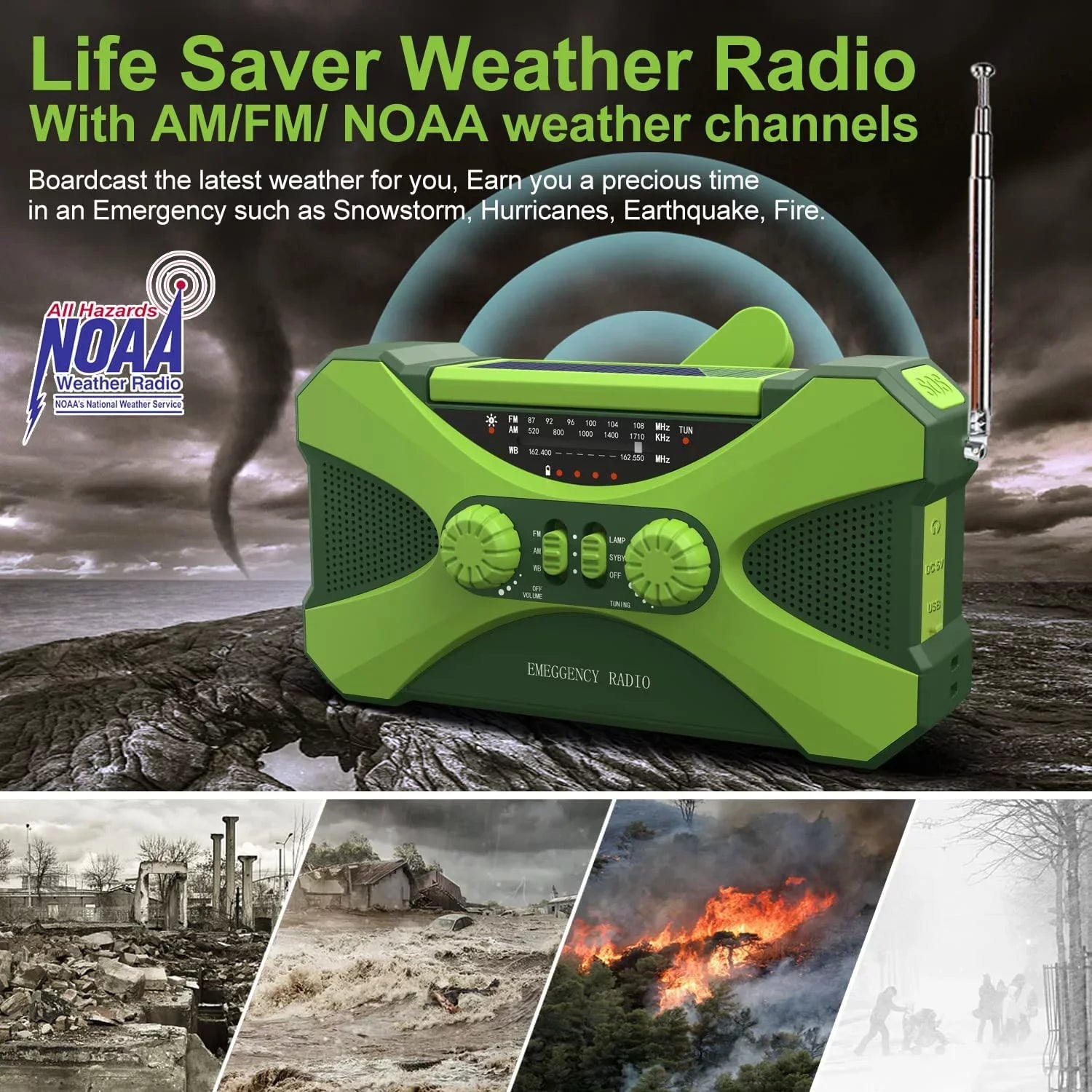Emergency Weather Radio AM FM NOAA Hand Crank Solar with 4000mAh Power Bank Flashlight D64935